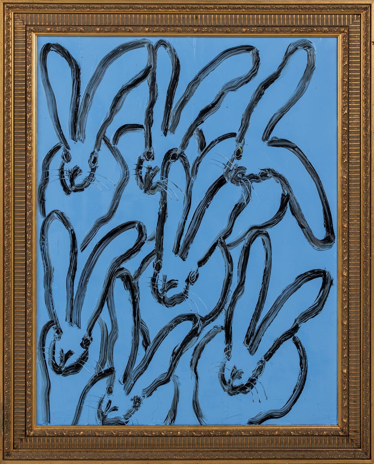 Hunt Slonem Animal Painting - Blue Tangle 7 "Bunny Painting" Original Oil Painting in Gold Vintage Frame