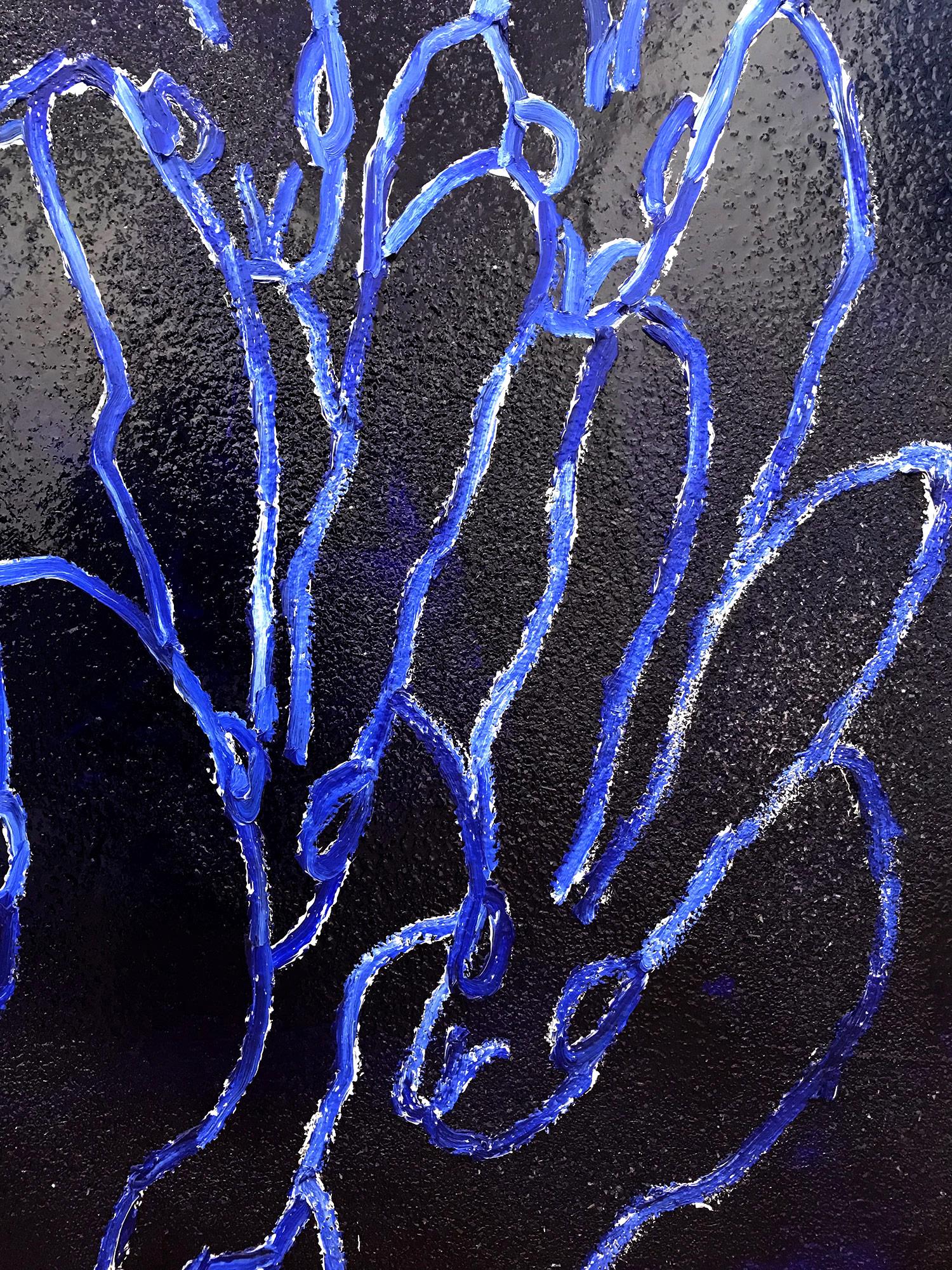 A stunning composition of one of Slonem's most iconic subjects, Bunnies. This piece depicts gestural figures of Bunnies against ultramarine blue diamond dust. Slonem traces these 23 bunnies with thick white paint and then encases the piece in