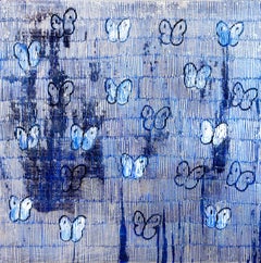 "Blue Tsunami Ascension" White & Blue Butterflies w Silver Oil Painting Canvas