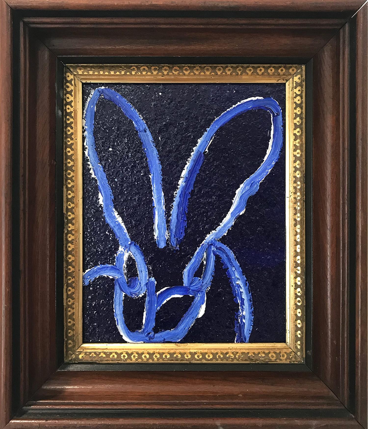 Hunt Slonem Animal Painting - "Blues" (White Bunny on Diamond Dust Ultramarine Blue Background)