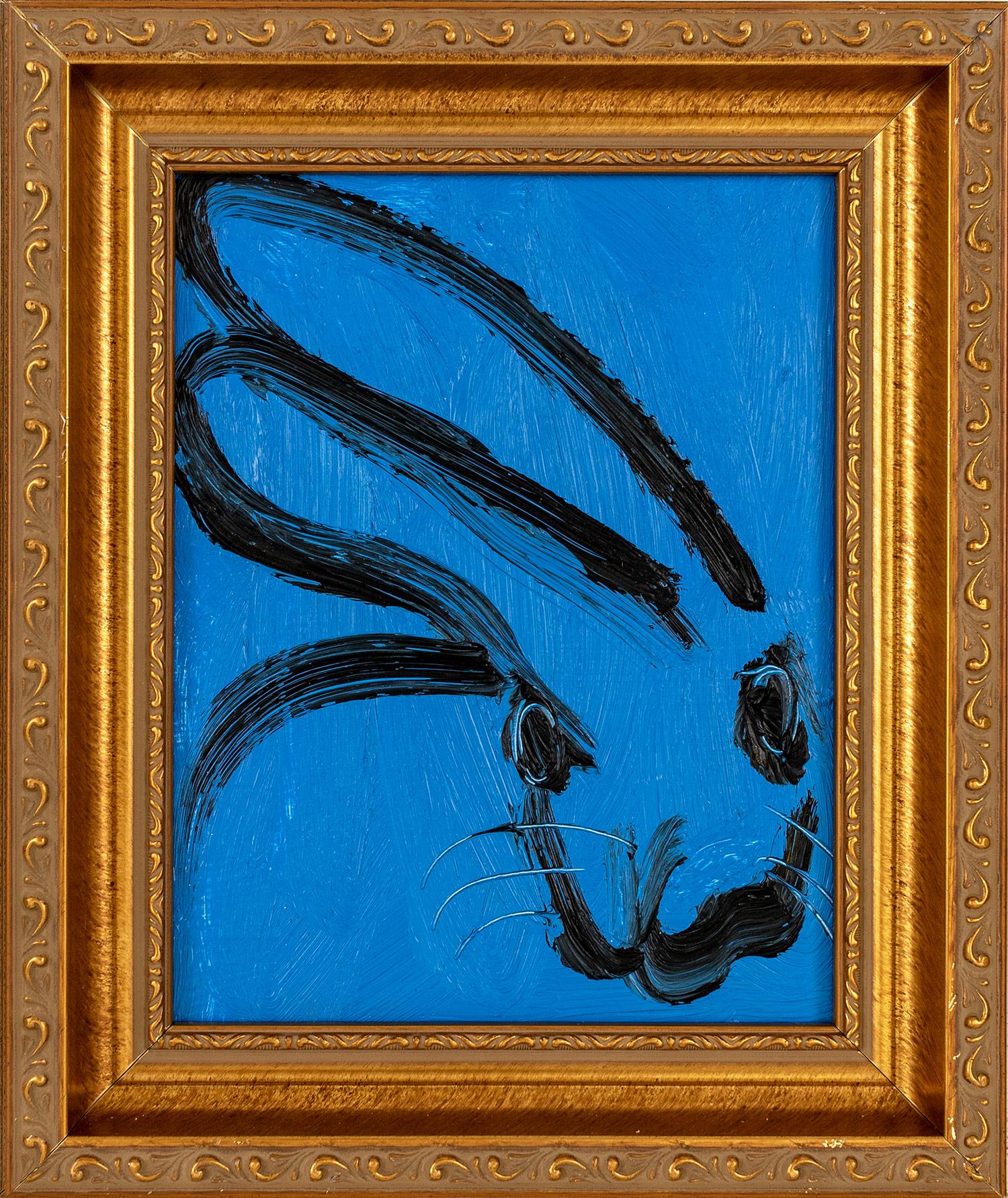 Hunt Slonem Animal Painting - Blusy (Black Outlined Bunny on Royal Blue Background)
