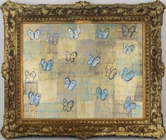 Buckeye- oil painting by Hunt Slonem in gold and blue with ornate vintage frame