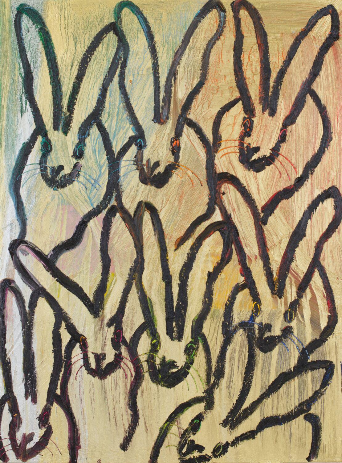 Bunnies on gold - Painting by Hunt Slonem