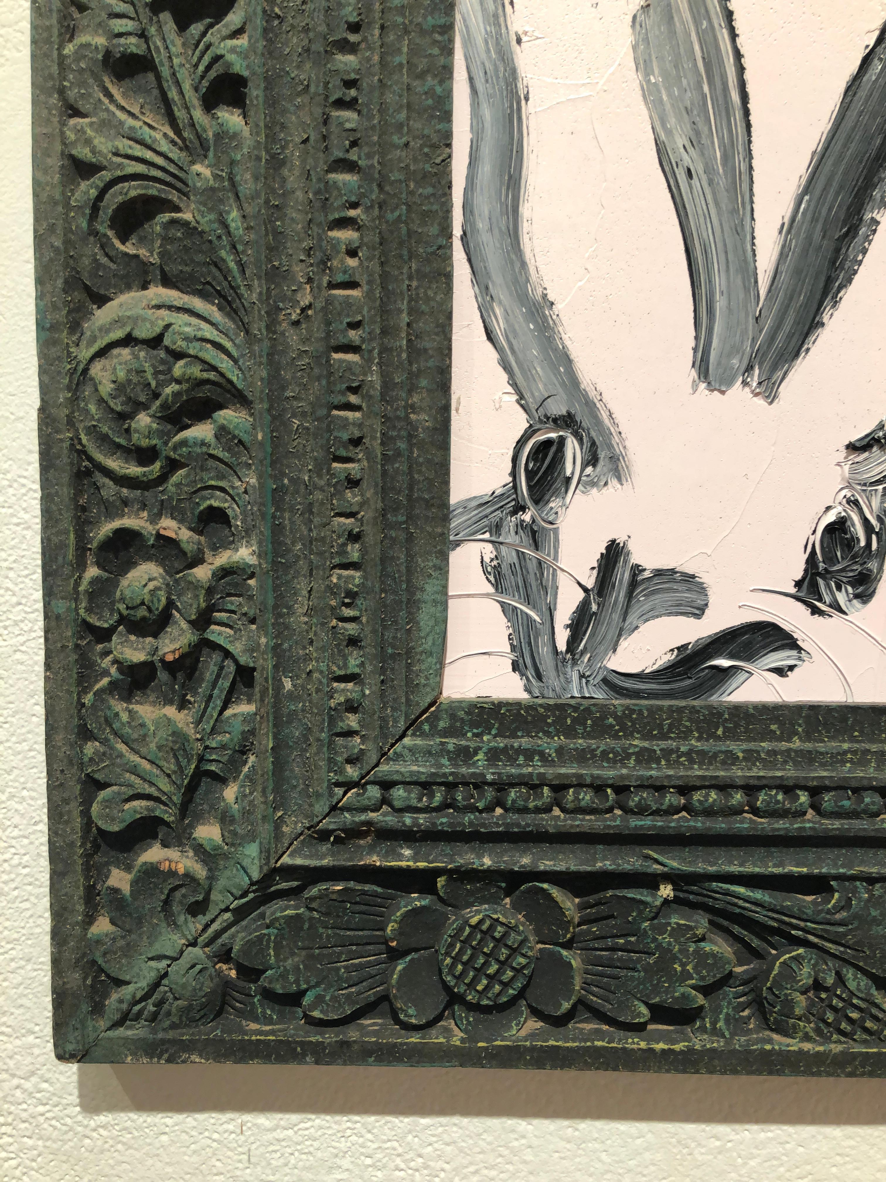 Bunny, Black on White, Antique Dark Green Ornate Frame, Original Oil Painting - Brown Animal Painting by Hunt Slonem