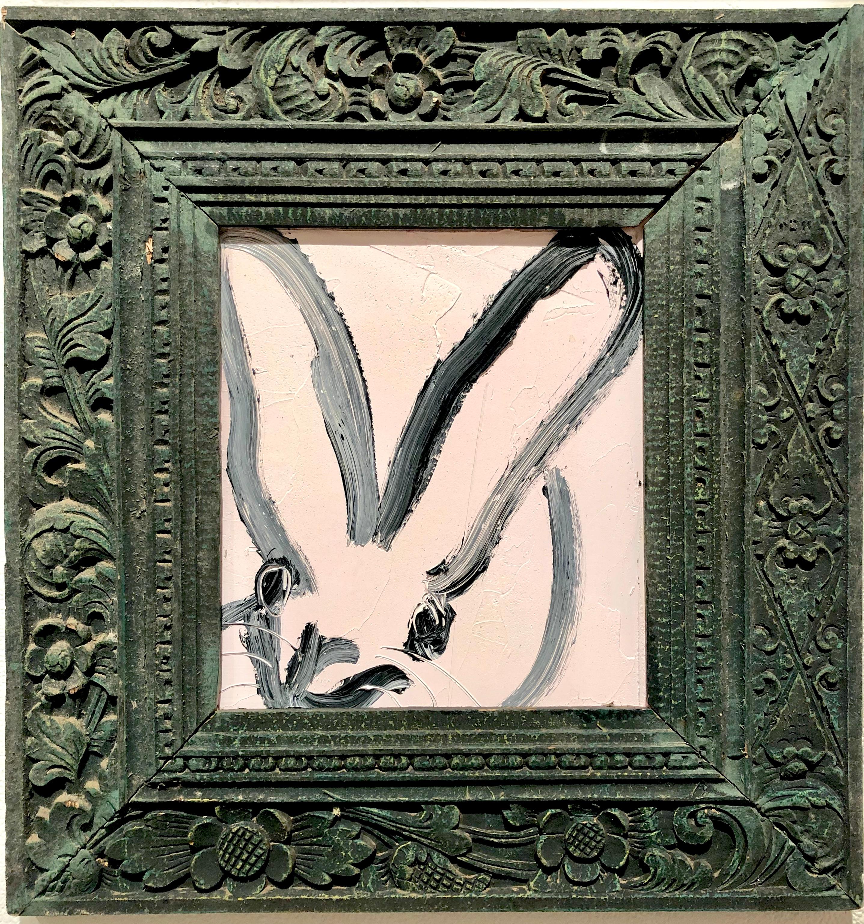 Hunt Slonem Animal Painting - Bunny, Black on White, Antique Dark Green Ornate Frame, Original Oil Painting