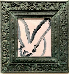 Bunny, Black on White, Antique Dark Green Ornate Frame, Original Oil Painting