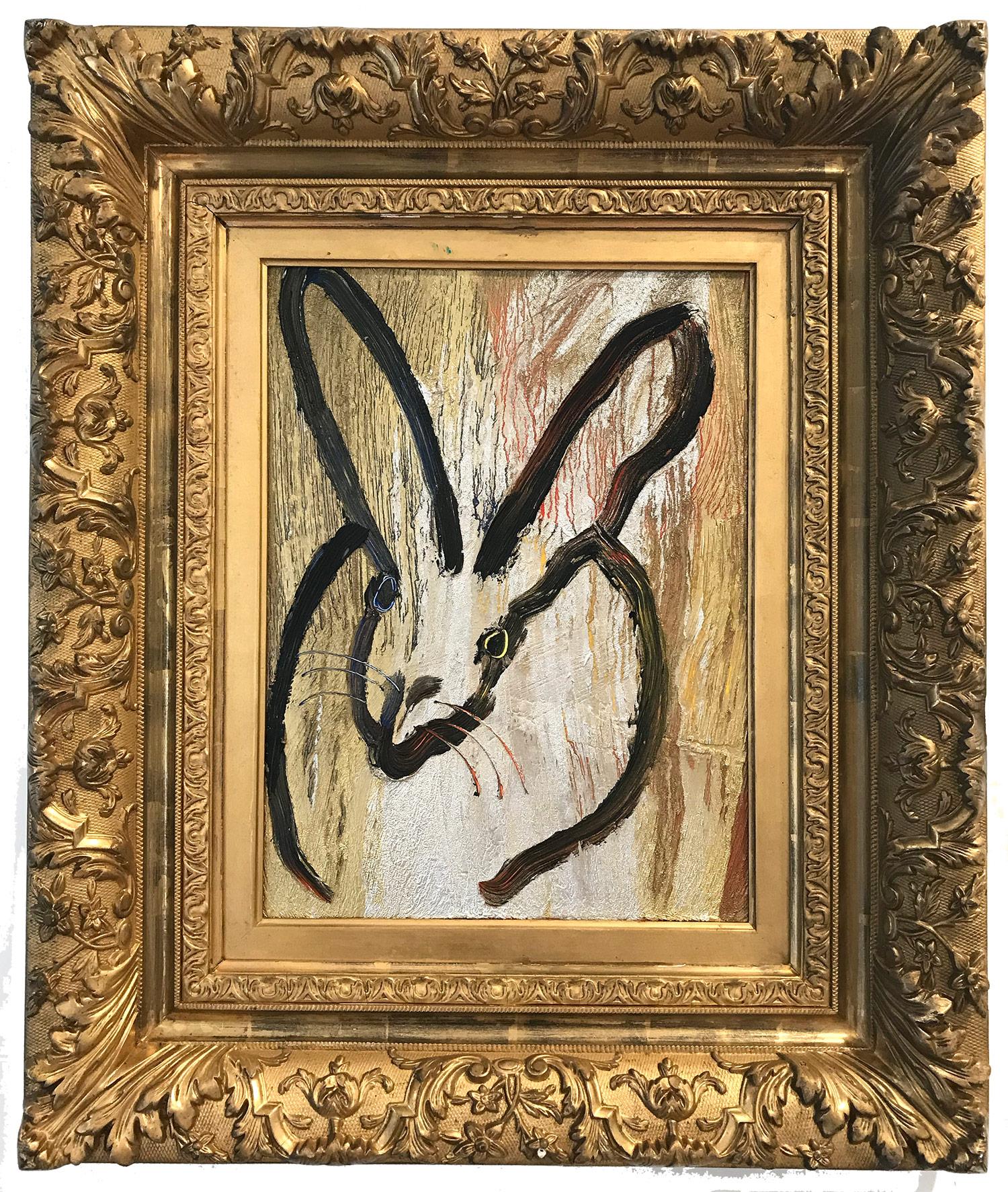Hunt Slonem Animal Painting - "Bunny Golden" (Black Bunny on Gold Background with Multi Colored accents)