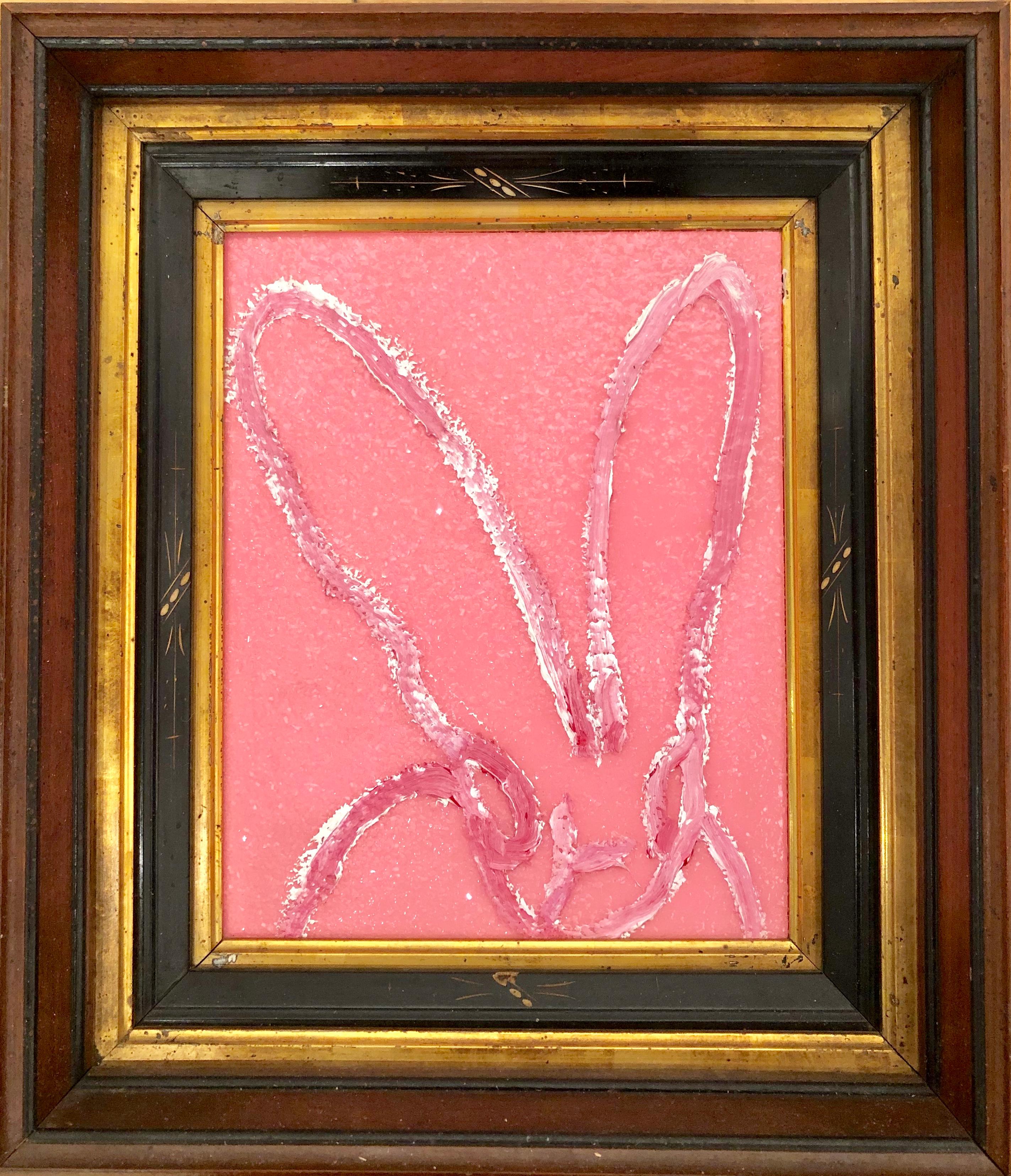 Hunt Slonem Animal Painting - Bunny, white on Pink Diamond Dust, Antique Frame, Original Oil Painting