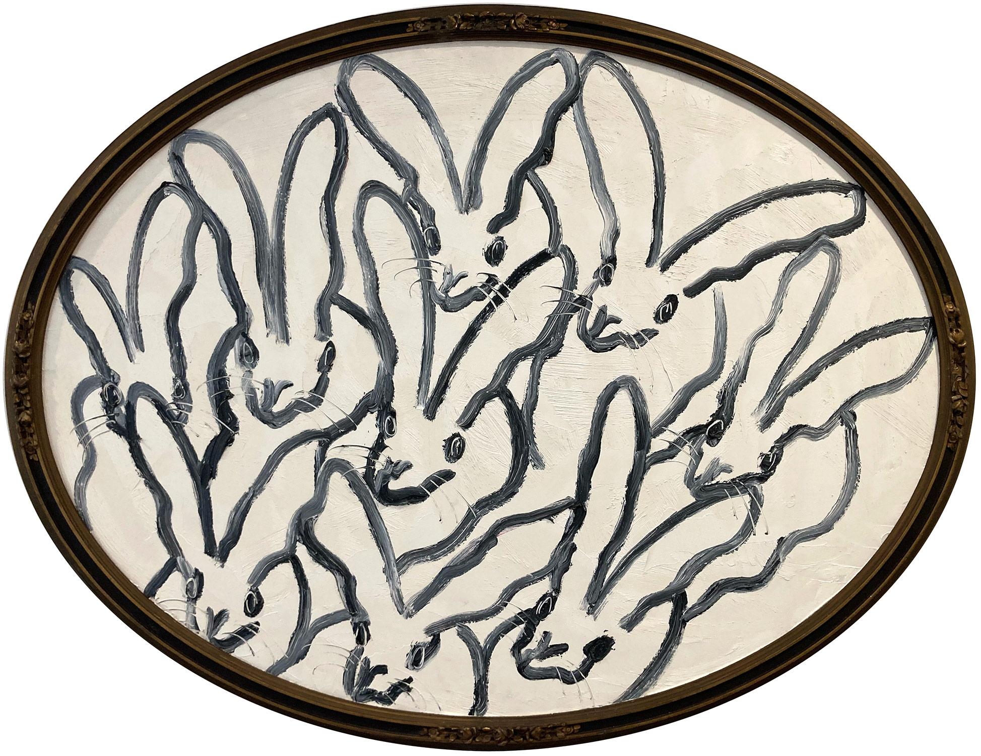 Hunt Slonem Animal Painting - "Bunnys Tondo" Black Outlined Bunnies on White Background in Oval Antique Frame