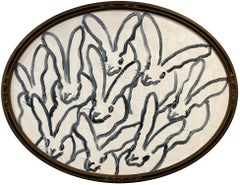 "Bunnys Tondo" Black Outlined Bunnies on White Background in Oval Antique Frame