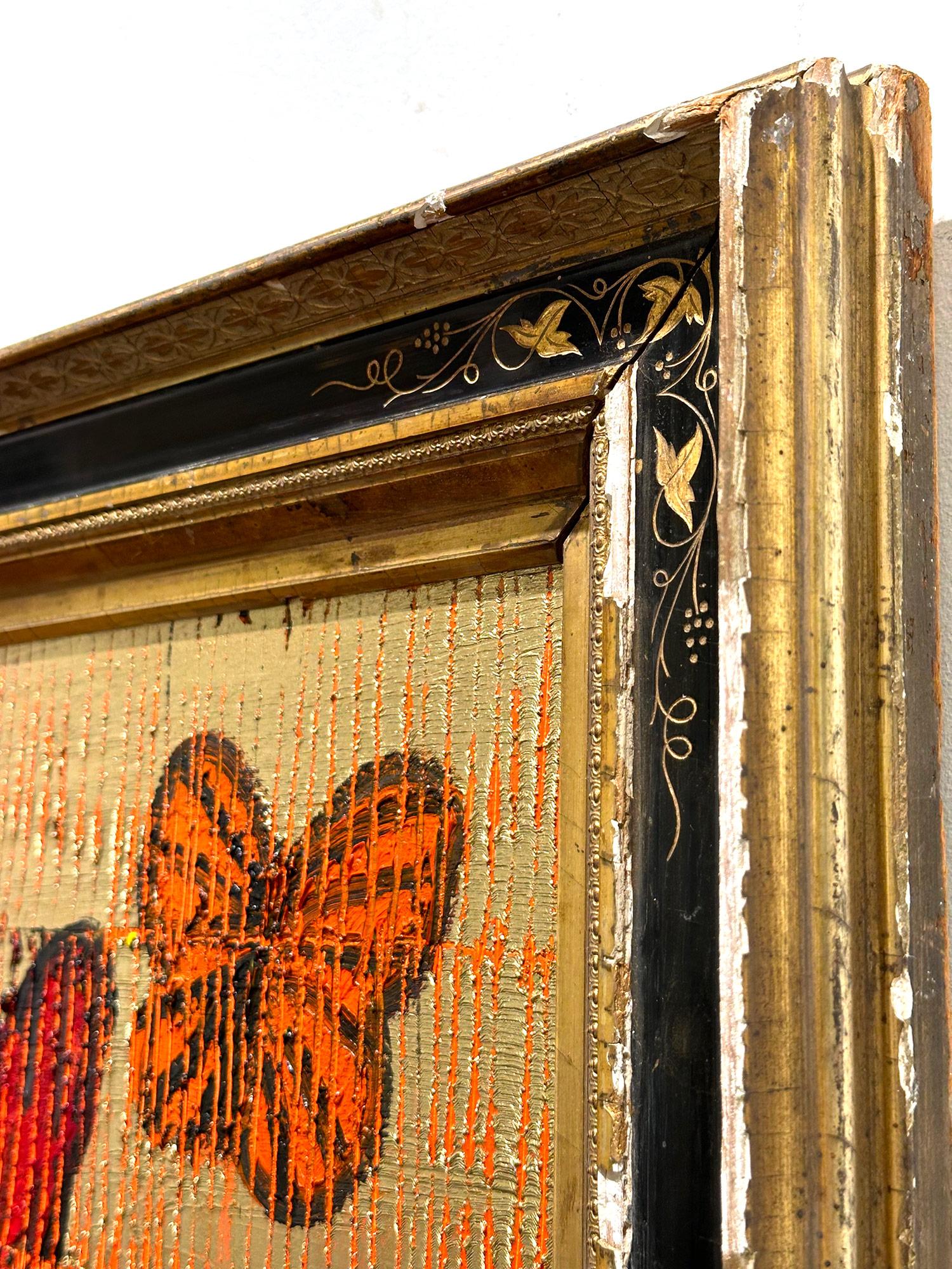 „Schmetterlinge“ Mehrfarbige Schmetterlinge auf Brillantgold mit antikem Rahmen aus Gold im Angebot 9