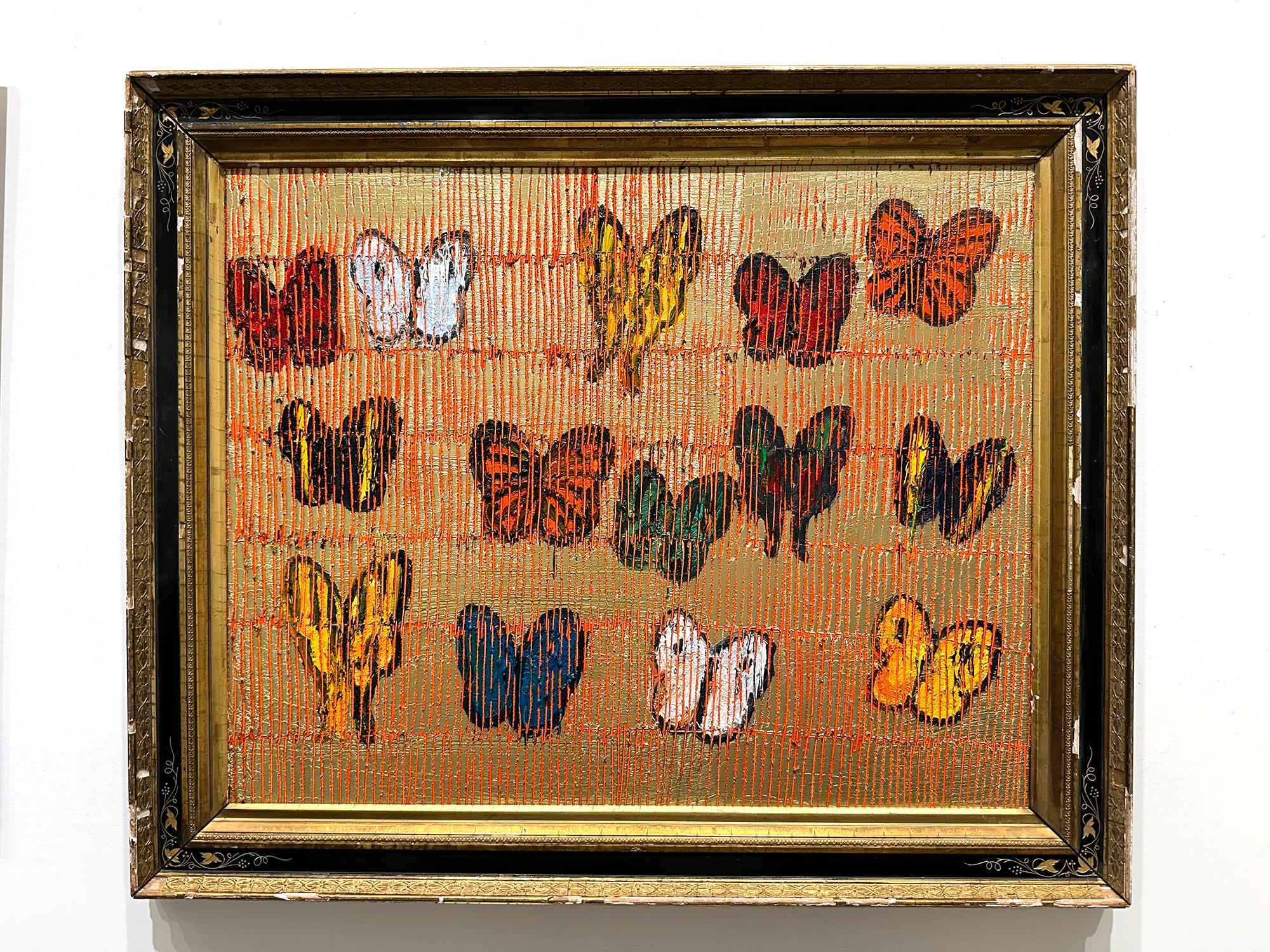 „Schmetterlinge“ Mehrfarbige Schmetterlinge auf Brillantgold mit antikem Rahmen aus Gold im Angebot 12