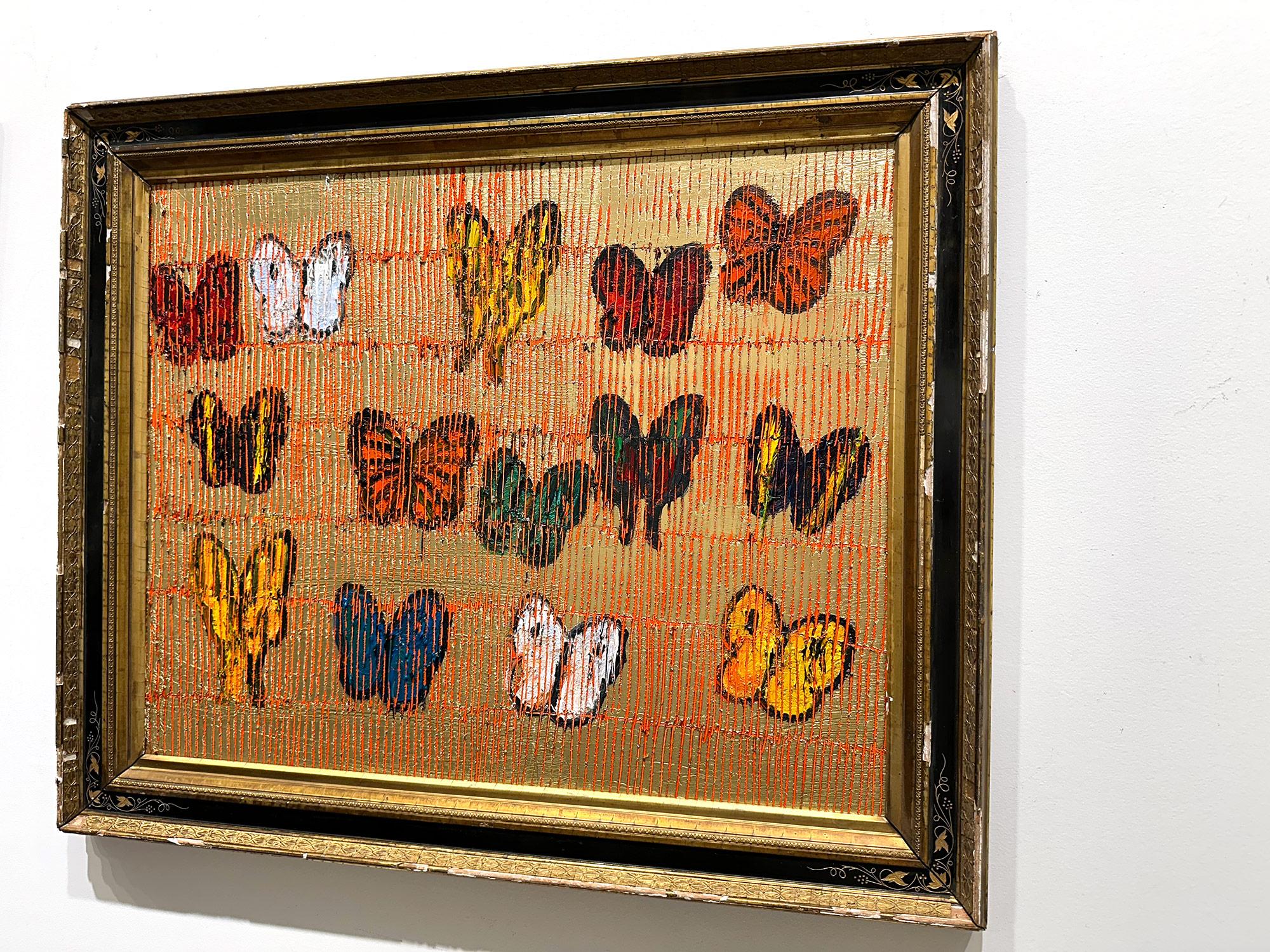 „Schmetterlinge“ Mehrfarbige Schmetterlinge auf Brillantgold mit antikem Rahmen aus Gold im Angebot 14