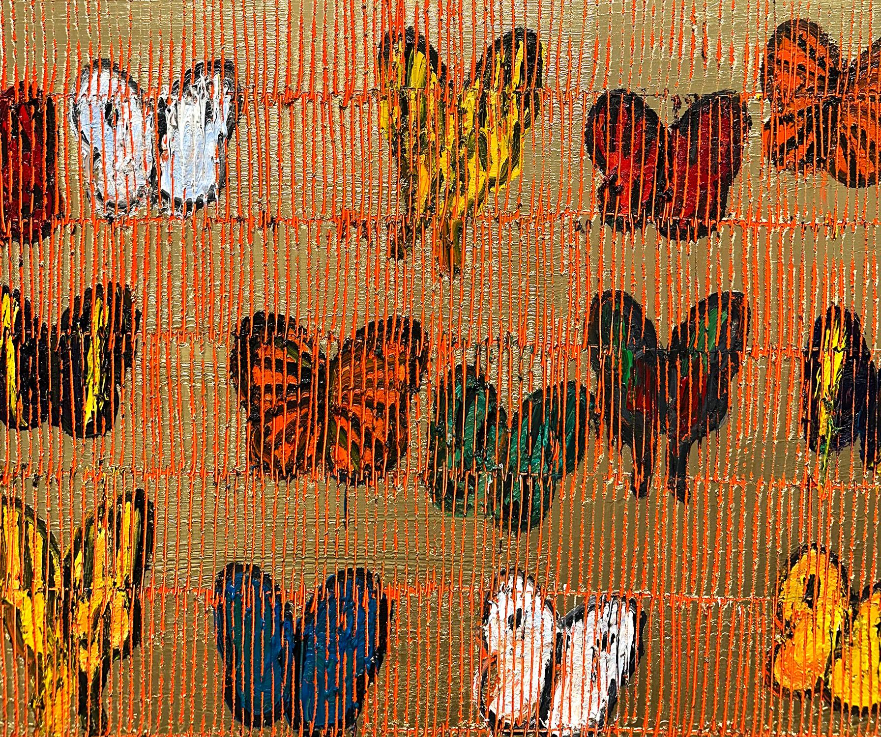 „Schmetterlinge“ Mehrfarbige Schmetterlinge auf Brillantgold mit antikem Rahmen aus Gold im Angebot 3