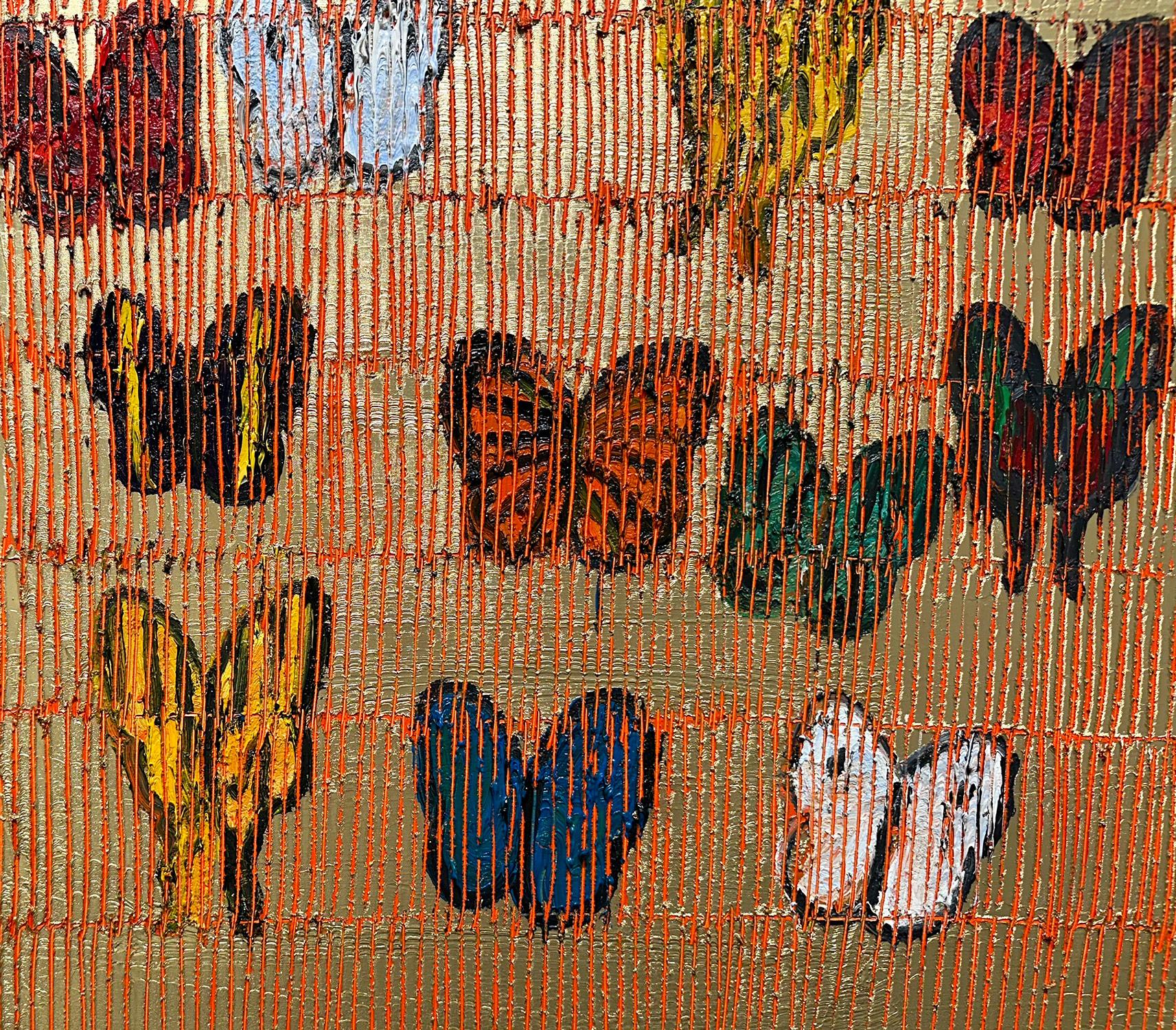 „Schmetterlinge“ Mehrfarbige Schmetterlinge auf Brillantgold mit antikem Rahmen aus Gold im Angebot 4