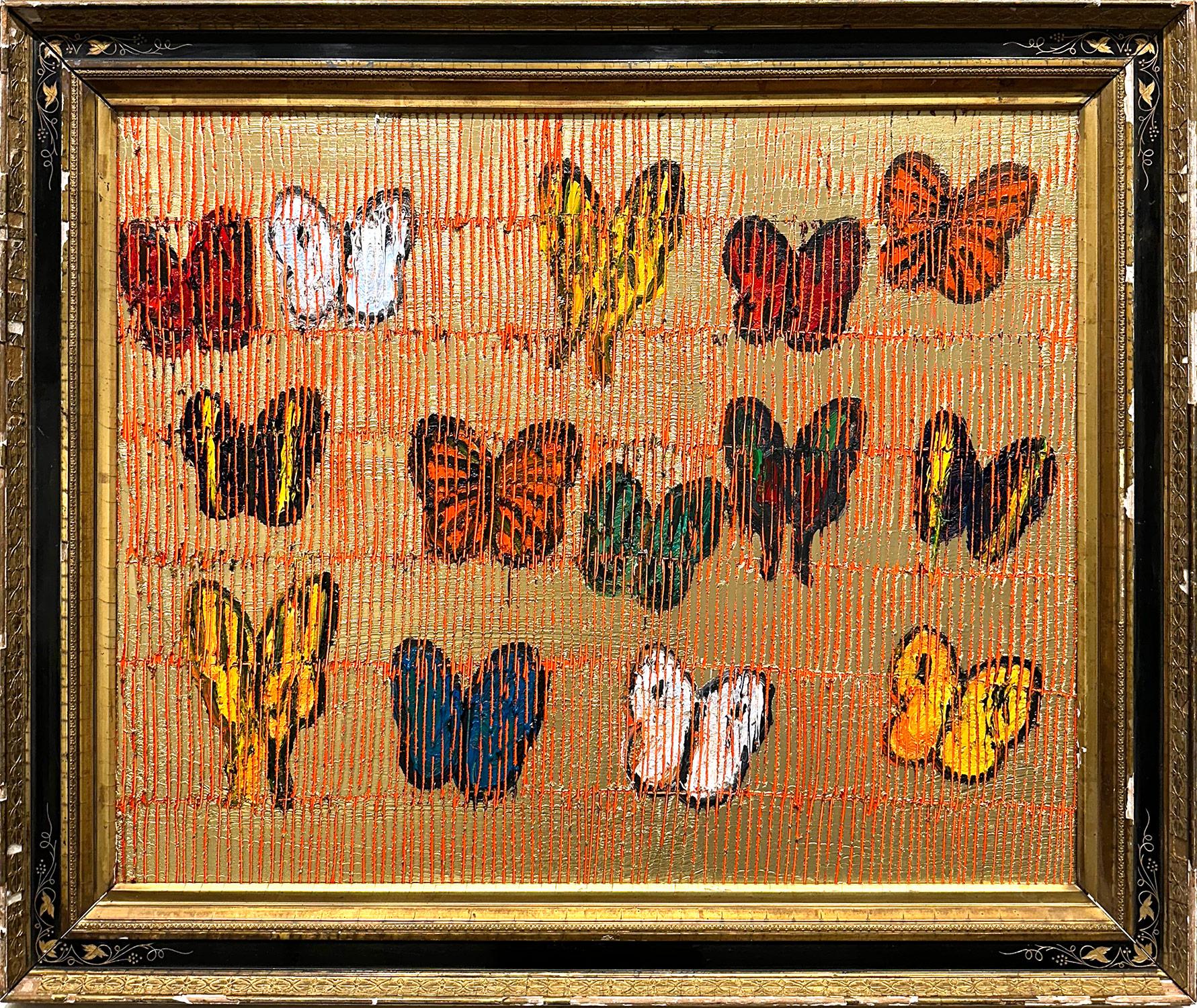 Hunt Slonem Abstract Painting - "Butterflies" Multicolor Butterflies on Brilliant Golden w Gold Antique Frame