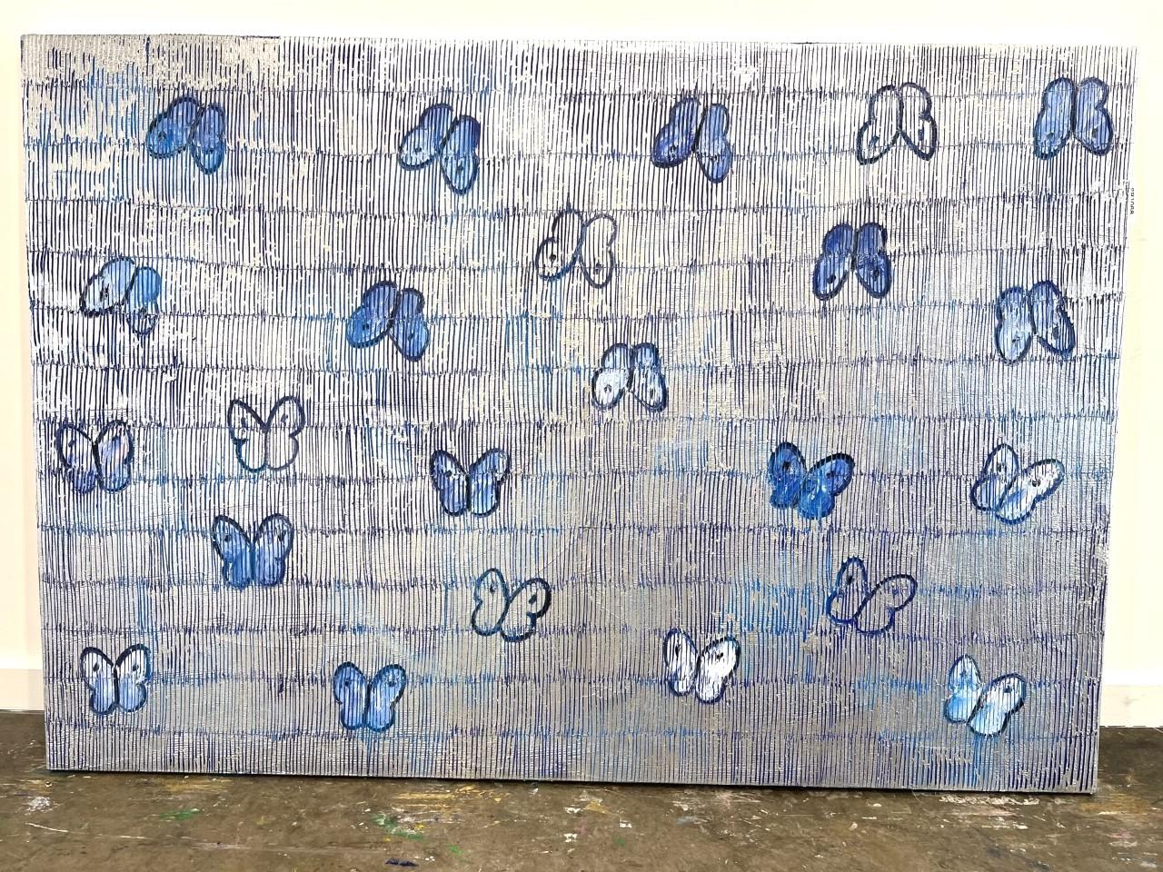 Ascension, butterflies on blue & silver - Contemporary Painting by Hunt Slonem