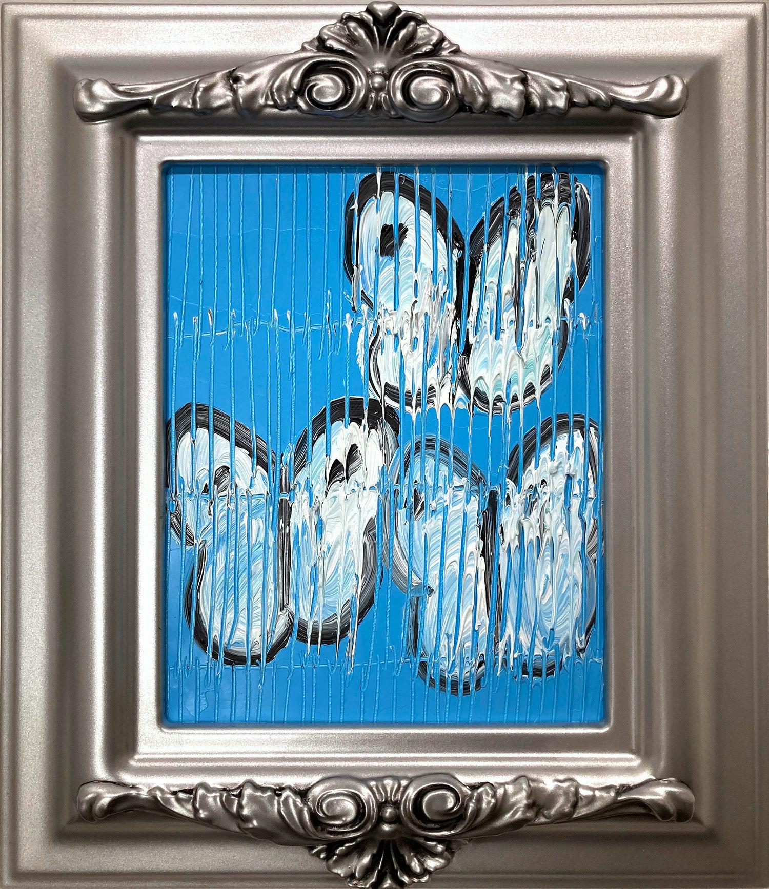 Hunt Slonem Abstract Painting - "Cabbage Butterflies" White Butterflies on Sky Blue Background with Scoring