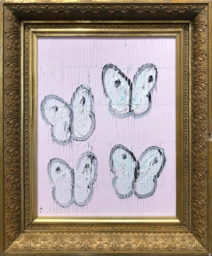 "Cabbage Patch Pink" White Butterflies on French Pink Background w Antique Frame