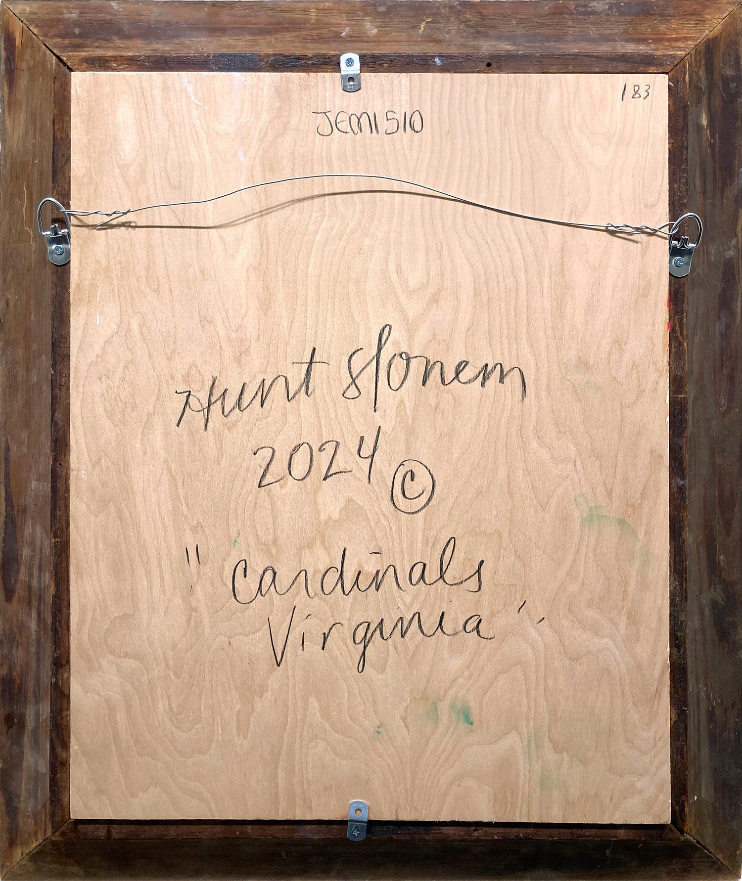 Peinture à l'huile sur panneau de bois, Cardinals rouges sur fond blanc, Virginie cardinale en vente 7