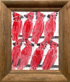 Peinture à l'huile sur panneau de bois, Cardinals rouges sur fond blanc, Virginie cardinale