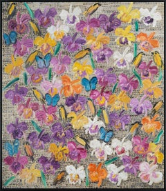 Peinture sur toile encadrée néoexpressionniste "Cataleyas & Orioles" de Hunt Slonem