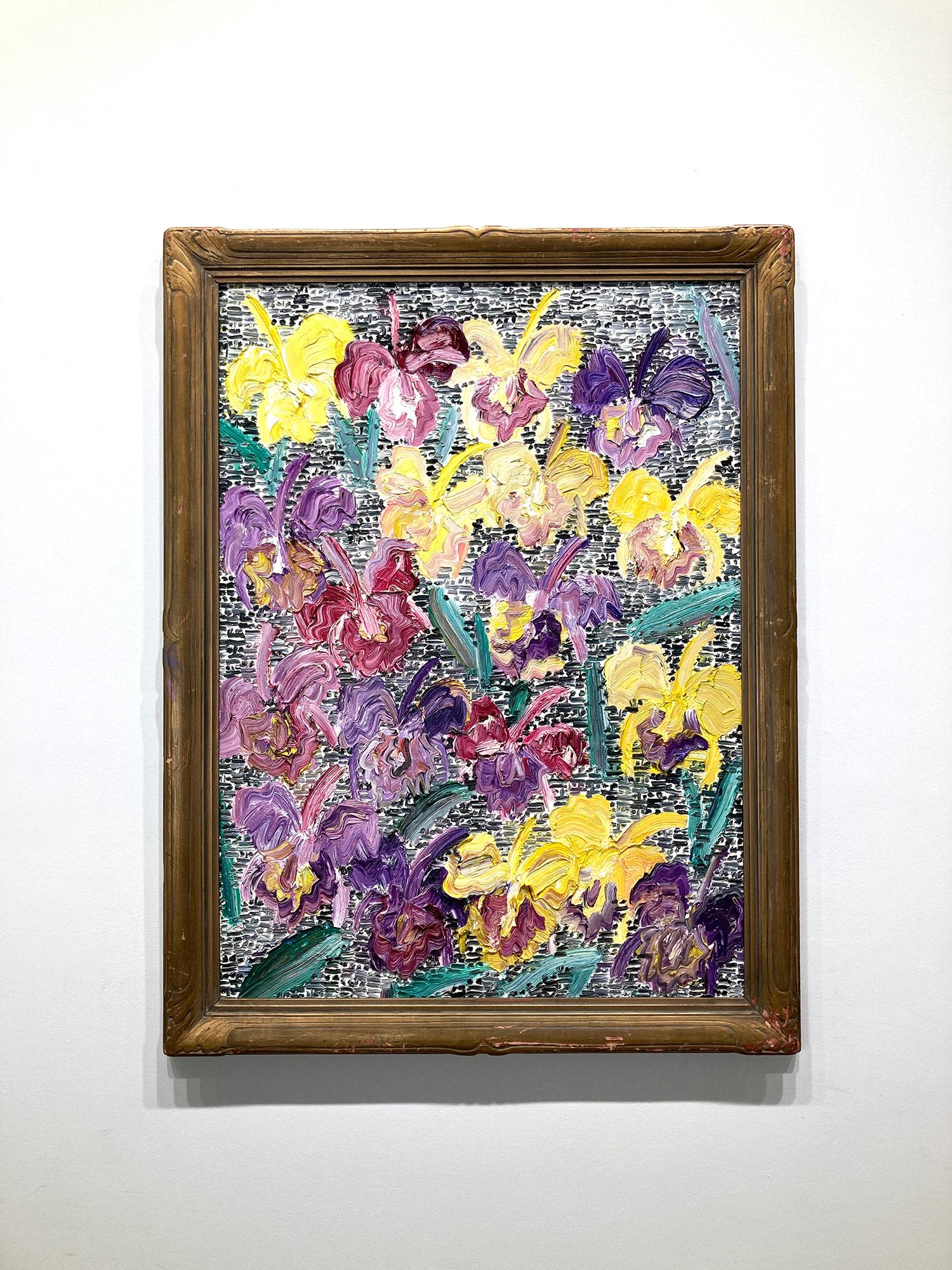 „Catelayas“ Gelbe & lila Blumen auf schwarzer und weißer Guardian-Oberfläche, Gemälde im Angebot 11