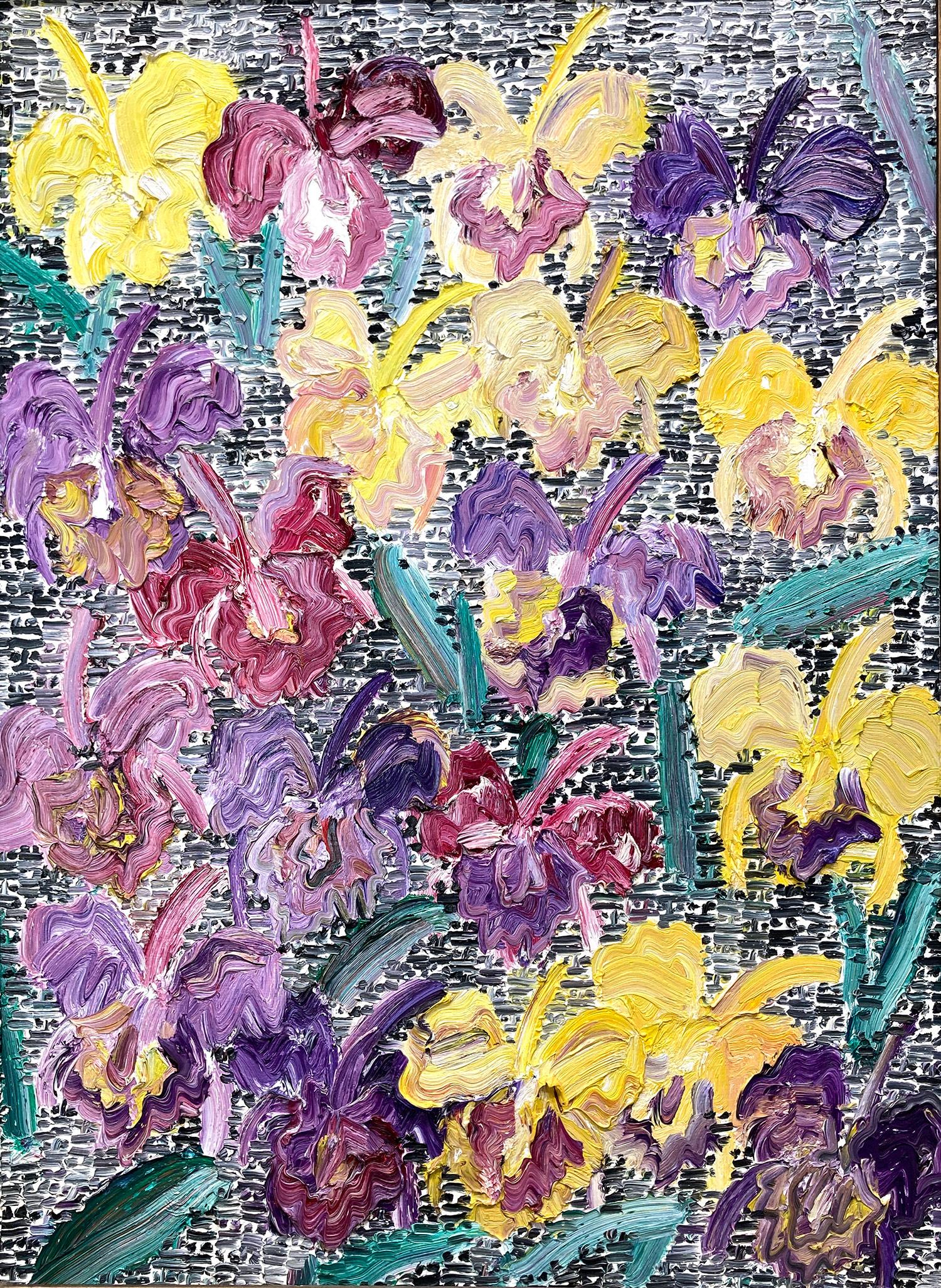 A wonderful composition of one of Slonem's most iconic subjects, Catelayas. This piece depicts a yellow and royal purple flowers placed in a wonderful background with black marks representing the 