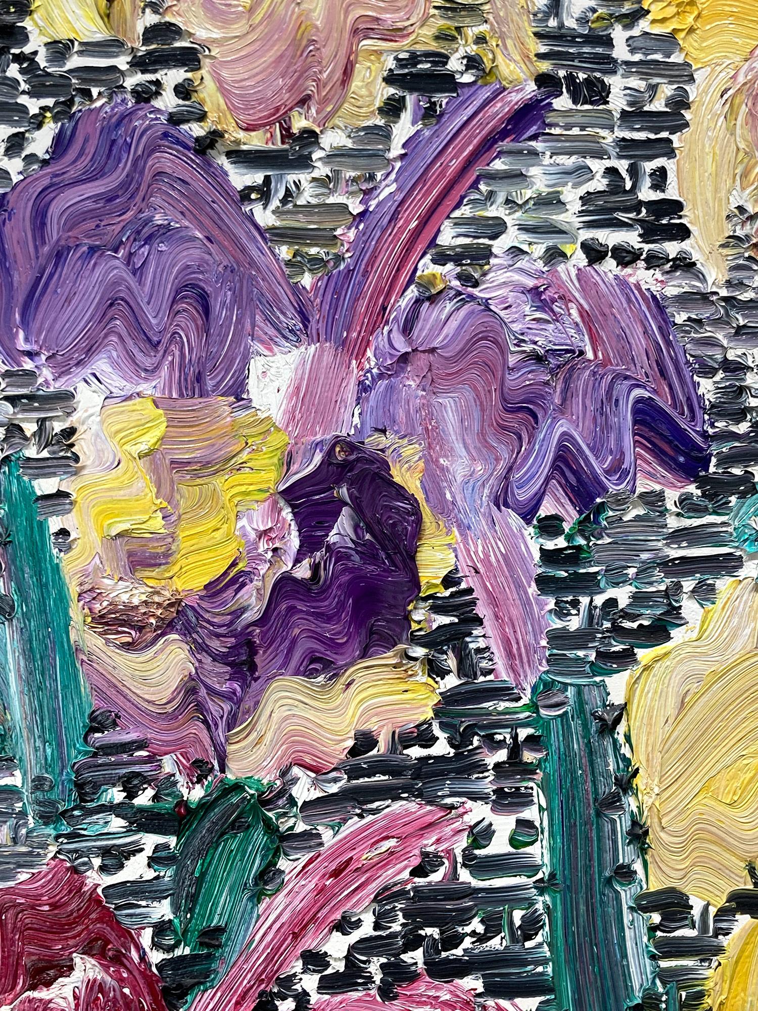 „Catelayas“ Gelbe & lila Blumen auf schwarzer und weißer Guardian-Oberfläche, Gemälde (Neue Wilde), Painting, von Hunt Slonem