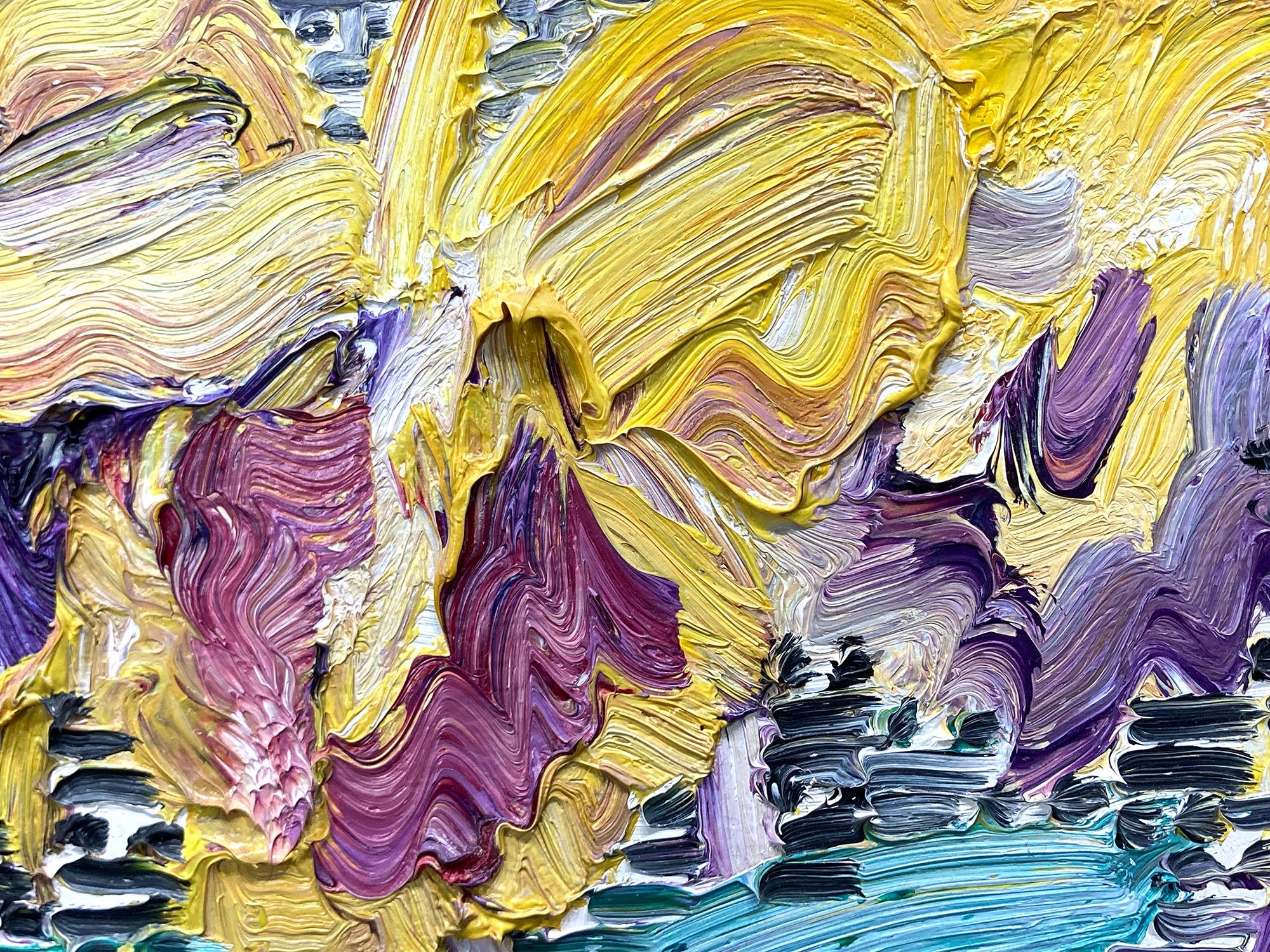 Peinture de gardienne jaune et violette « Catelayas » sur surface noire et blanche en vente 1