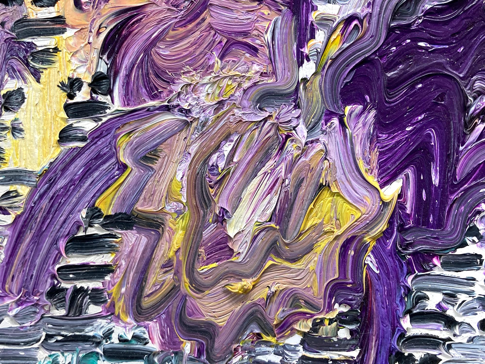 Peinture de gardienne jaune et violette « Catelayas » sur surface noire et blanche en vente 2