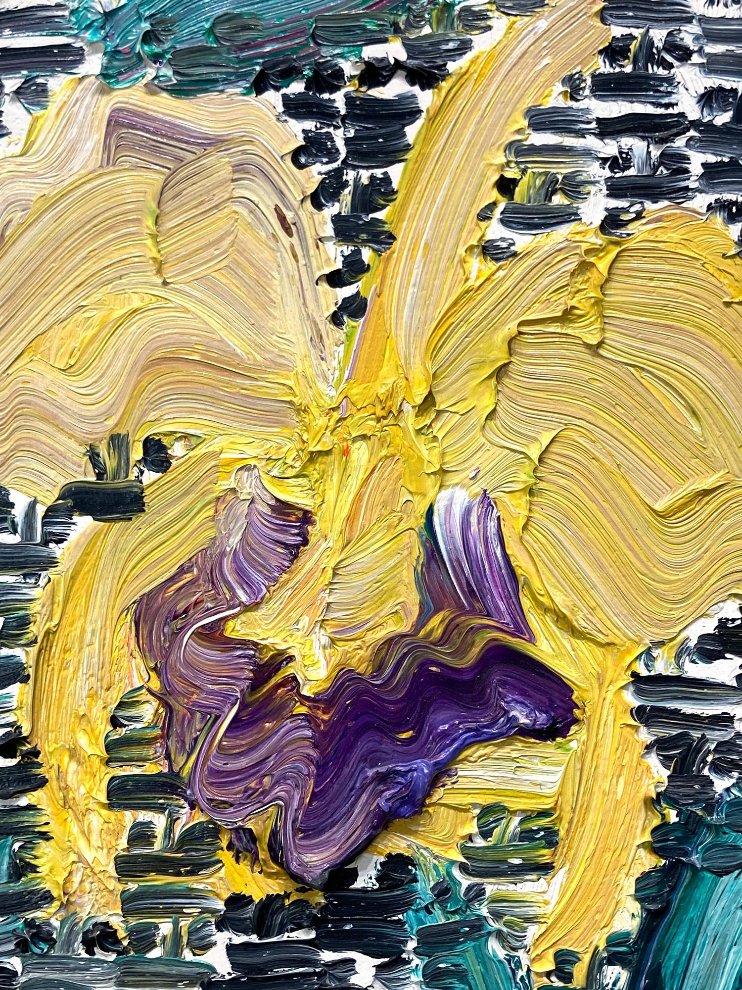 „Catelayas“ Gelbe & lila Blumen auf schwarzer und weißer Guardian-Oberfläche, Gemälde im Angebot 3