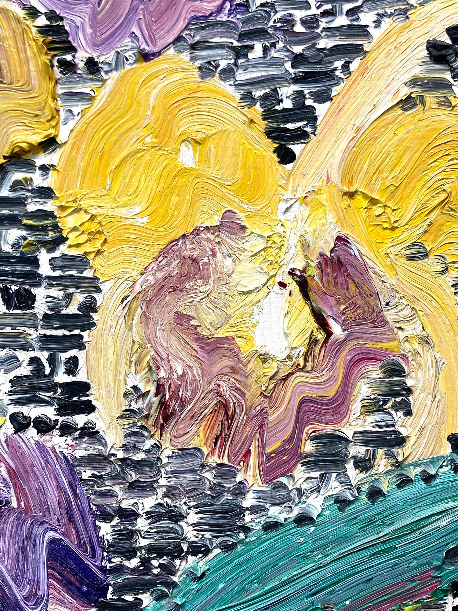 Peinture de gardienne jaune et violette « Catelayas » sur surface noire et blanche en vente 4