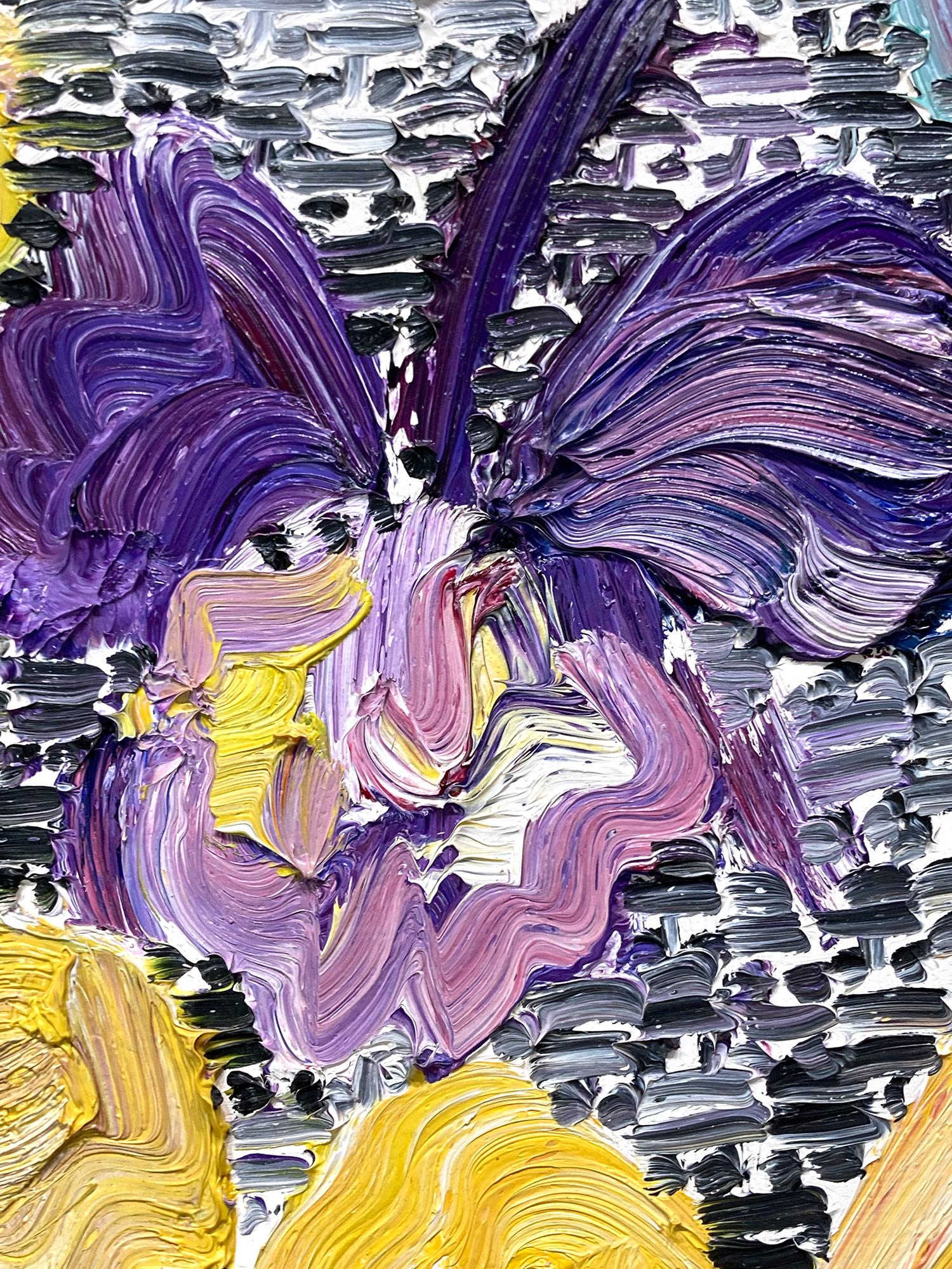 Peinture de gardienne jaune et violette « Catelayas » sur surface noire et blanche en vente 5