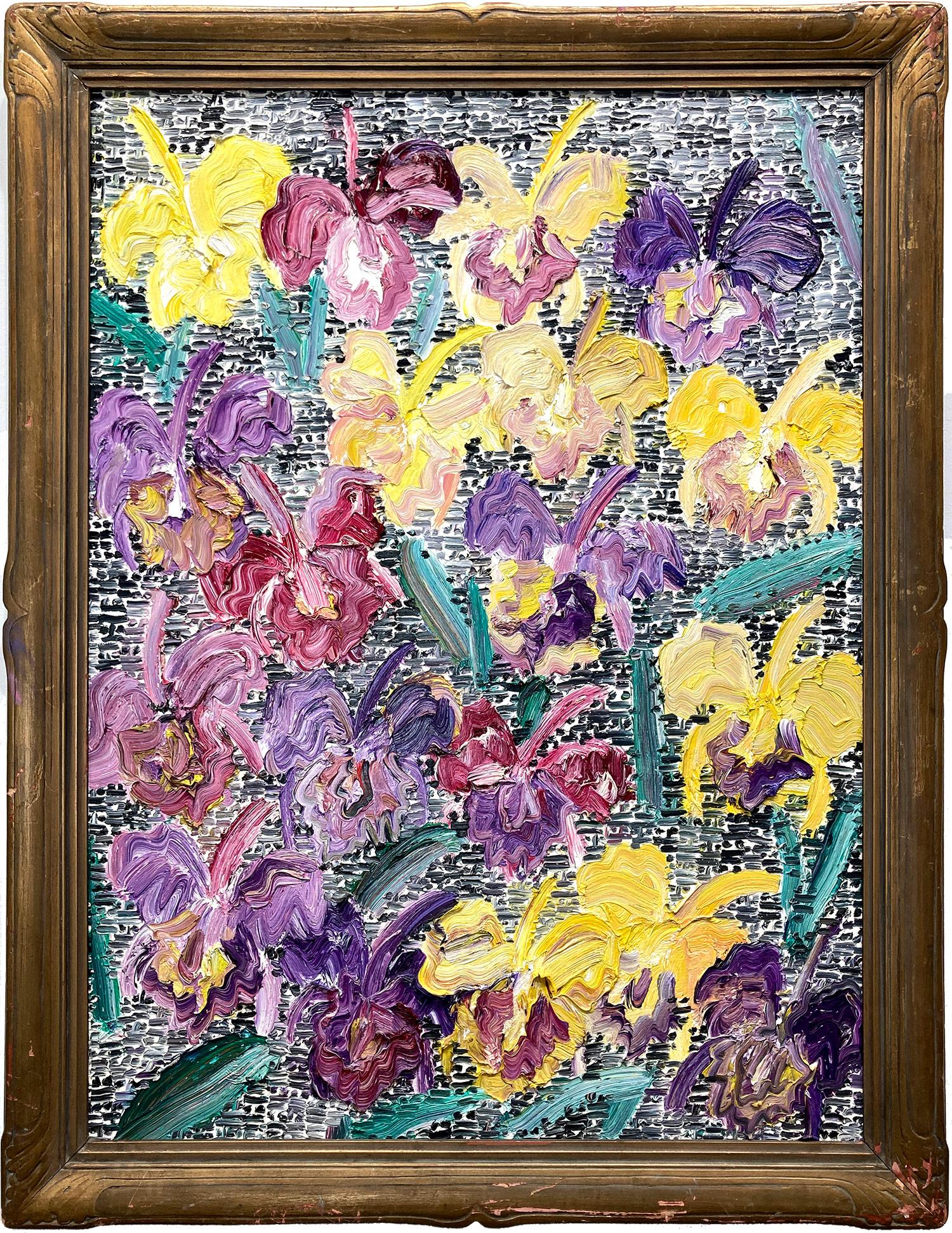 Hunt Slonem Still-Life Painting – „Catelayas“ Gelbe & lila Blumen auf schwarzer und weißer Guardian-Oberfläche, Gemälde