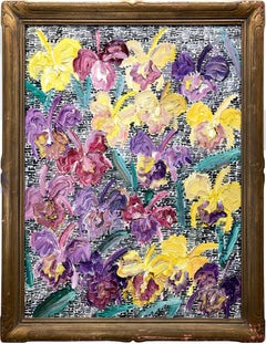 "Catelayas" Yellow & Purple Flowers on Black & White Guardian Surface Painting