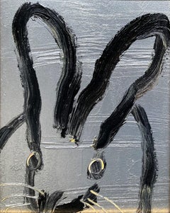 "Cause of Our Joy" Black Outline Bunny on Silver Background Oil Painting Framed