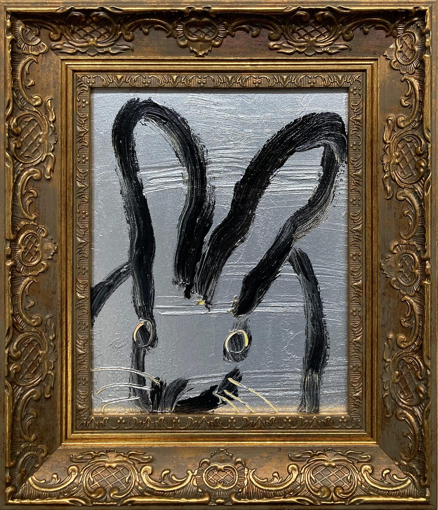 "Causa de nuestra alegría" Conejito de contorno negro sobre fondo plateado Pintura al óleo enmarcada