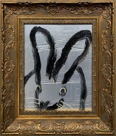 "Cause de notre joie" lapin aux contours noirs sur fond Silver peinture à l'huile encadrée