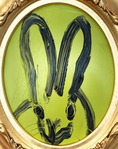 "Chartreus" Oval Black Bunny on Light Green Background with Gold Toned Frame