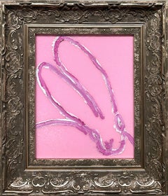 Peinture à l'huile encadrée "Cherry Bloom" lapin sur fond de poussière de diamant rose