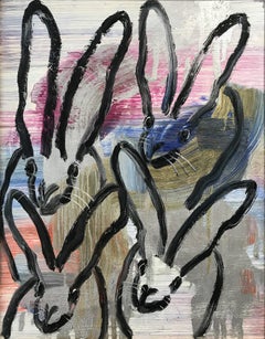 "Chinensis 4 Play (Black Bunnies Gold Silver Multicolor Background) Oil on Wood