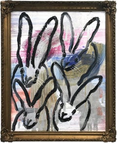 "Chinensis 4 Play (Black Bunnies Gold Silver Multicolor Background) Oil on Wood