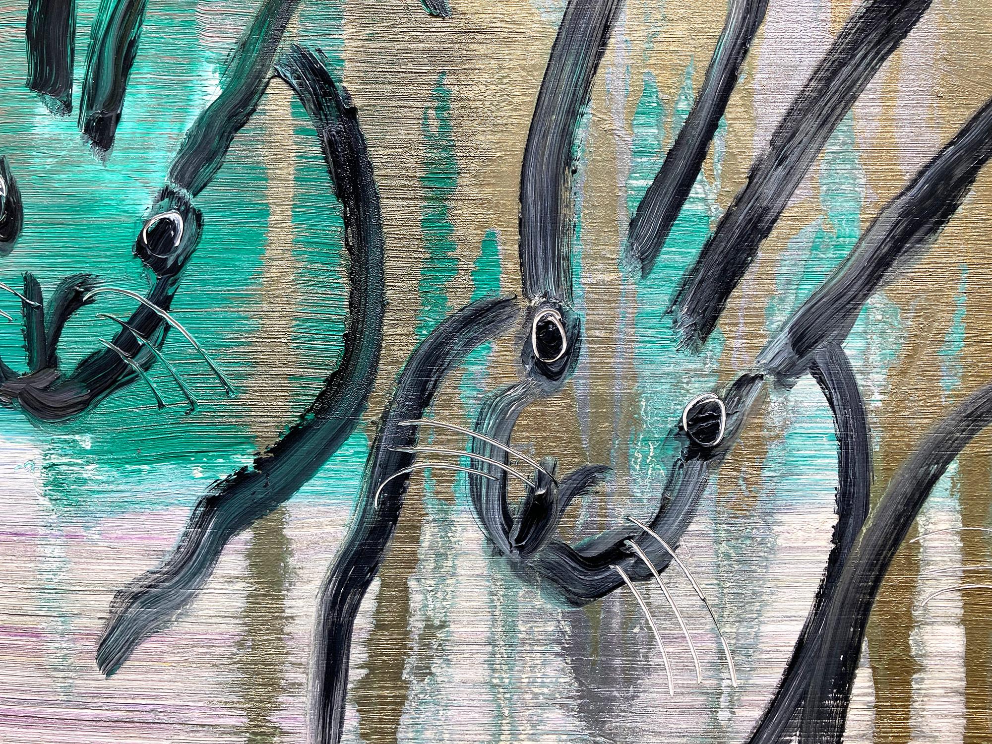 A stunning composition of one of Slonem's most iconic subjects, Bunnies. This piece depicts gestural figures of Bunnies against a multicolored background. Slonem traces these 22 bunnies with thick black paint. Inspired by nature and a genuine love