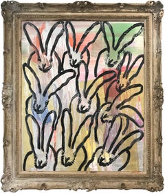 "Chinensis Friday" (Bunnies on Gold Silver Multicolor Background) Oil on Wood