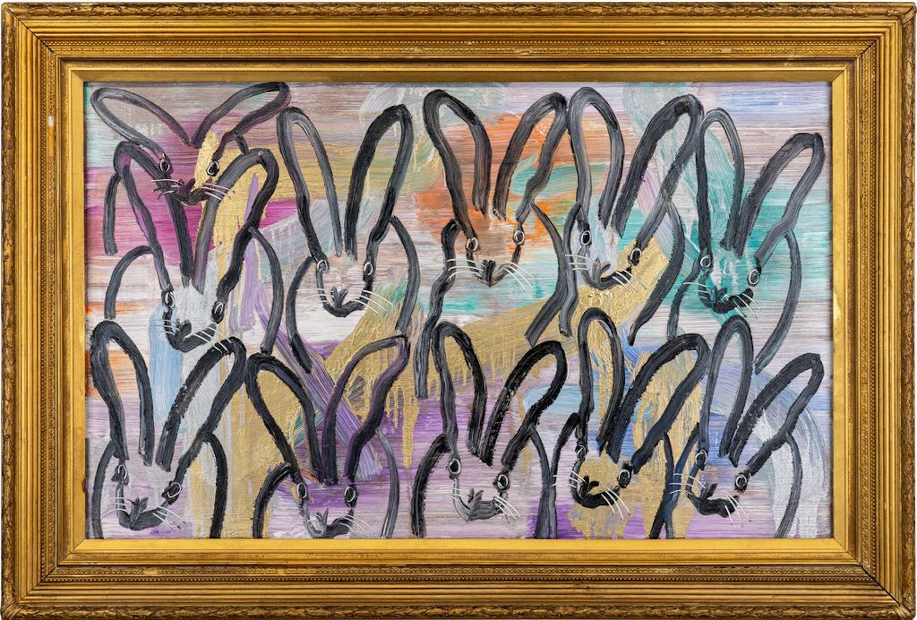 Hunt Slonem Animal Painting - Chinensis New Year Colorful Bunnies Oil Painting in Ornate Vintage Frame