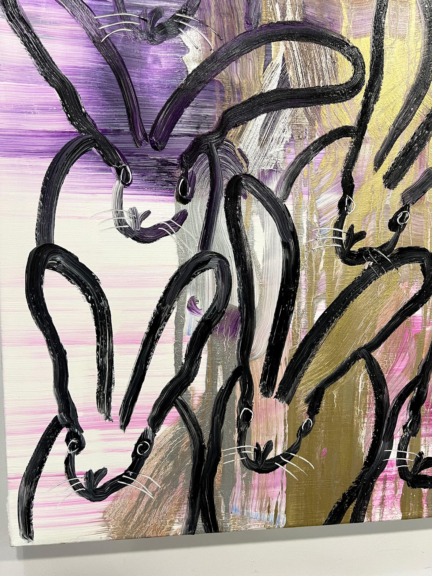 A stunning composition of one of Slonem's most iconic subjects, Bunnies. This piece depicts gestural figures of Bunnies against a multicolored background. Slonem traces these 26 bunnies with thick black paint. Inspired by nature and a genuine love