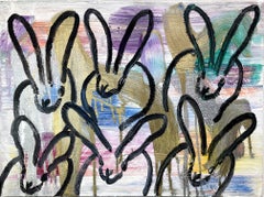 "Chinensis Snowfall" Multicolored Bunnies on Gold and Silver Background Painting