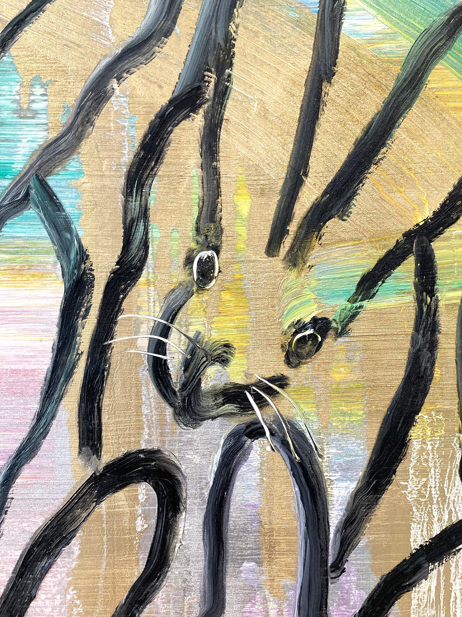 Chinensis The Visit - Peinture à l'huile sur toile multicolore avec fond doré et argenté - Bunnies - Painting de Hunt Slonem