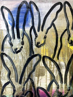 "Chinensis Today" Schwarze Hasen auf mehrfarbigem Hintergrund mit Gold und Silber